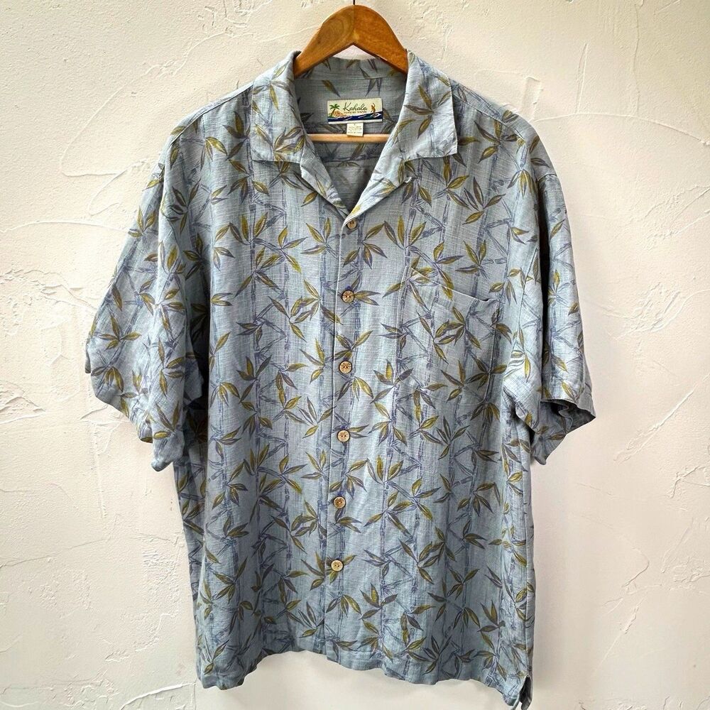 Kahala Blue Hawaiian Bamboo Linen blend Straight Hem Camp Shirt Short Sleeve L